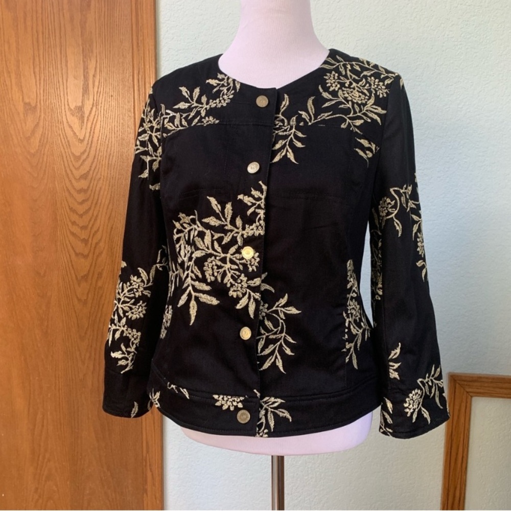 Peter Nygard Elegant Black and Gold Embroidered Jacket Blazer